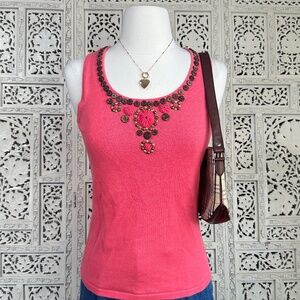 Vtg Y2K Coral Pink Boho Beaded Tank Top Sz‎ Small